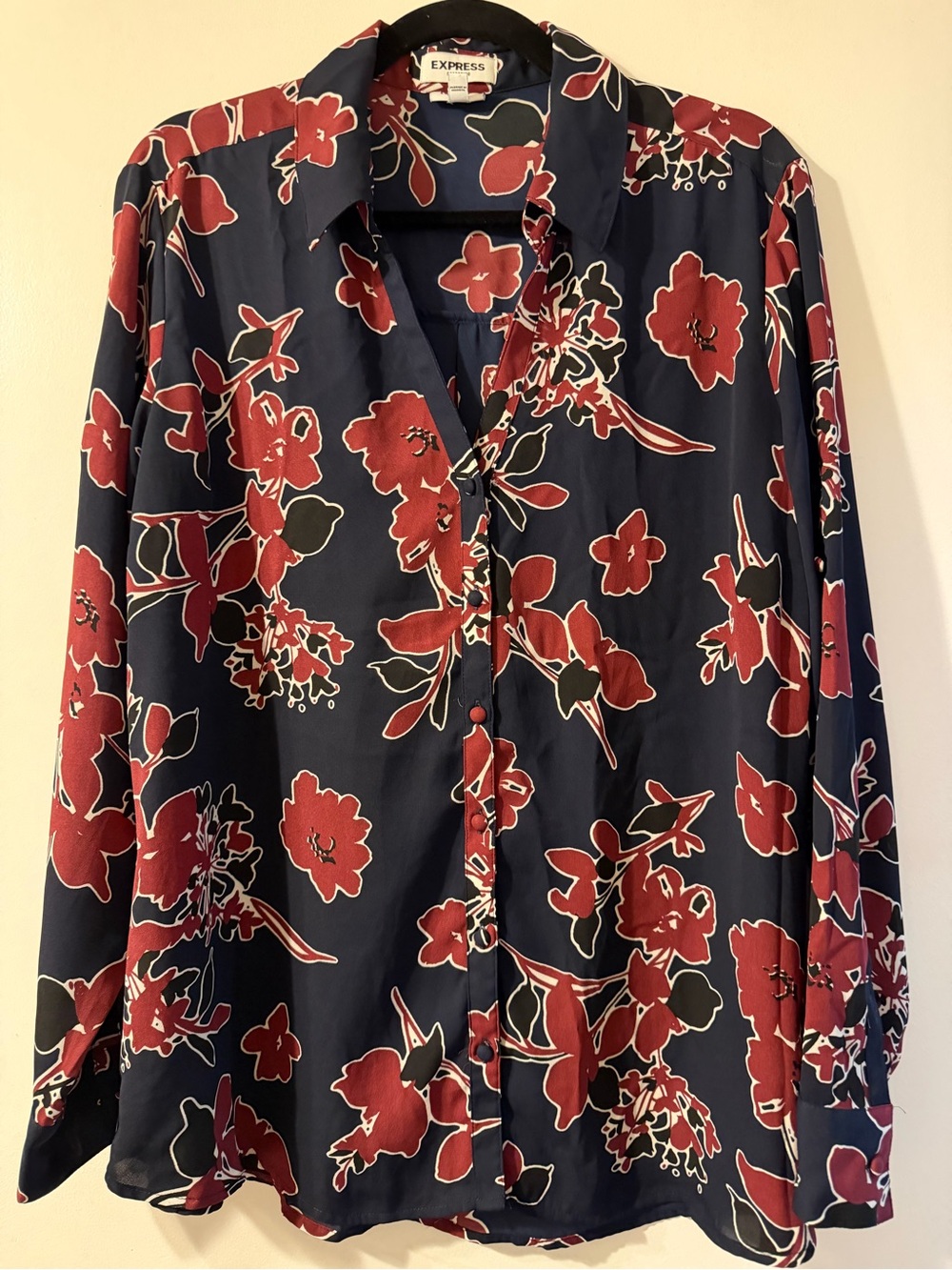 Express Navy Button-Down Shirt with Red Floral Print and Black Accents